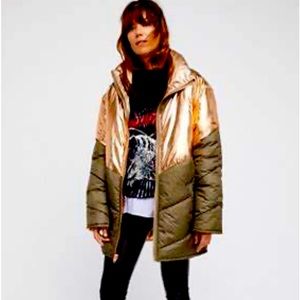 Free People rose gold and army green puffer coat with rose gold zipper